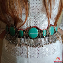 Load image into Gallery viewer, Ethnic Tribal Green Stones Belt With Silver Bells