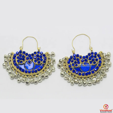 Load image into Gallery viewer, Blue Glass Stones Silver Boho Chandbali Earrings