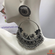 Load image into Gallery viewer, Silver Oxidized Long Dangling Hoops With Bells Earring