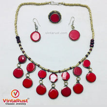 Load image into Gallery viewer, Coral Stone Beaded Choker with Ring and Earrings