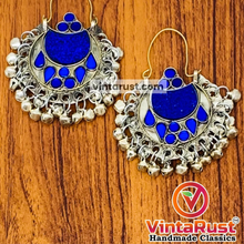 Load image into Gallery viewer, Blue Kuchi Hoop Earrings With Small Silver Bells