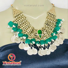 Load image into Gallery viewer, Coins Choker Necklace With Green Glass Stones and Beads