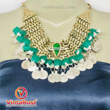 Load image into Gallery viewer, Coins Choker Necklace With Green Glass Stones and Beads