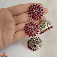 Load image into Gallery viewer, Antique Oxidized Jhumka Earrings With Glass Stones