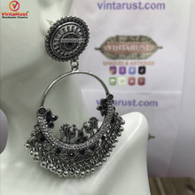 Load image into Gallery viewer, Silver Oxidized Long Dangling Hoops With Bells Earring