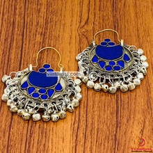 Load image into Gallery viewer, Blue Kuchi Hoop Earrings With Small Silver Bells