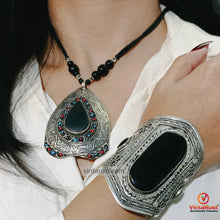 Load image into Gallery viewer, Black Gemstone Necklace With Coral And Turquoise Beads with Cuff Bracelet