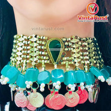 Load image into Gallery viewer, Coins Choker Necklace With Green Glass Stones and Beads