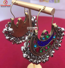 Load image into Gallery viewer, Blue Kuchi Bali Earrings With Small Silver Bells