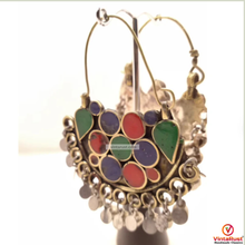 Load image into Gallery viewer, Silver Kuchi Bali Tribal Multicolor Earrings With Silver Bells