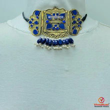 Load image into Gallery viewer, Blue Statement Choker Necklace With Earrings