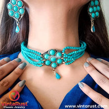 Load image into Gallery viewer, Turquoise Flower Necklace and Earrings Jewellery Set