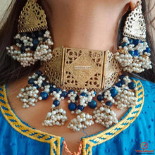 Load image into Gallery viewer, Amulet Cum Blue Beads Choker Necklace With Earrings Jewelry Set