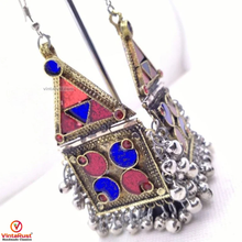 Load image into Gallery viewer, Tribal Dangle with Red and Blue Glass Stones Earrings