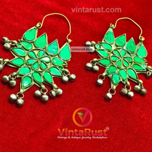 Load image into Gallery viewer, Ethnic Glass Stones Floral Earrings With Silver Bells