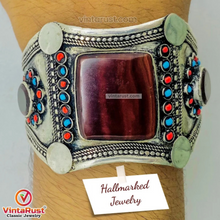 Load image into Gallery viewer, Tribal Stone Cuff Bracelet With Turquoise and Coral Beads