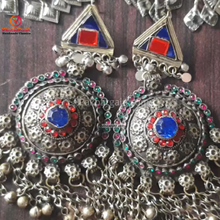 Load image into Gallery viewer, Vintage Tribal Oversized Red and Blue Glass Stones Earrings