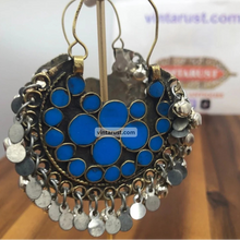 Load image into Gallery viewer, Tribal Light Weight Blue and Silver Hoop Style Earrings