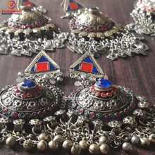 Load image into Gallery viewer, Vintage Tribal Oversized Red and Blue Glass Stones Earrings