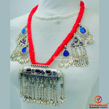 Load image into Gallery viewer, Vintage Red Necklace With Dangling Silver Motifs
