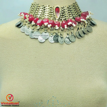 Load image into Gallery viewer, Statement Red Stone and Beads Coins Choker Necklace