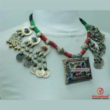 Load image into Gallery viewer, Green and Red Beaded Necklace With Vintage Coins