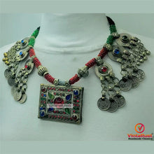 Load image into Gallery viewer, Green and Red Beaded Necklace With Vintage Coins