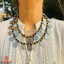 Load image into Gallery viewer, Vintage Coin Necklace Black Beaded Chain Tribal Gypsy Jewelry