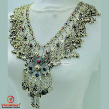 Load image into Gallery viewer, Tribal Silver Bib Necklace With Glass Stones