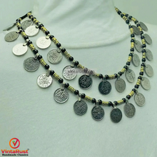 Load image into Gallery viewer, Vintage Coin Necklace Black Beaded Chain Tribal Gypsy Jewelry
