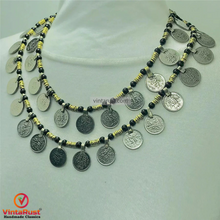 Load image into Gallery viewer, Vintage Coin Necklace Black Beaded Chain Tribal Gypsy Jewelry