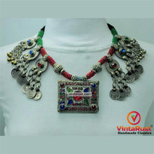 Load image into Gallery viewer, Green and Red Beaded Necklace With Vintage Coins