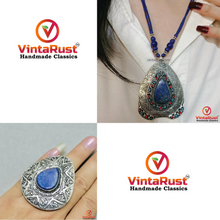 Load image into Gallery viewer, Lapis Lazuli Pendant Nenklace with Silver Blue Stone Ring