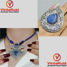 Load image into Gallery viewer, Handmade Lapis Lazuli Necklace with Silver Blue Stone Ring