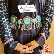 Load image into Gallery viewer, Vintage Kuchi Green Stones Belt With Silver Bells
