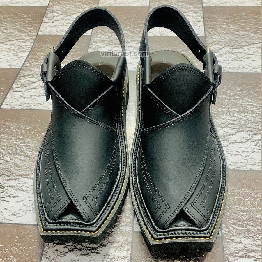 Black Leather Handmade Peshawari Chappal â Vintarust