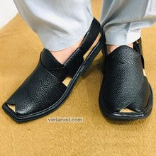 Load image into Gallery viewer, Black Textured Handcrafted Peshawari Chappal
