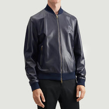 Load image into Gallery viewer, Mens Blue Elegant Leather Bomber Jacket