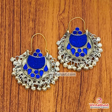 Load image into Gallery viewer, Blue Kuchi Hoop Earrings With Small Silver Bells