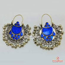 Load image into Gallery viewer, Blue Kuchi Hoop Earrings With Small Silver Bells
