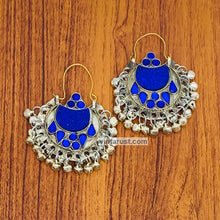 Load image into Gallery viewer, Blue Kuchi Hoop Earrings With Small Silver Bells