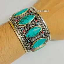 Load image into Gallery viewer, Boho Stone Handcuff With Turquoise and Coral Beads