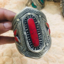 Load image into Gallery viewer, Coral Stone Ethnic Tribal Cuff Bracelet