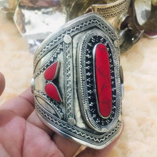 Load image into Gallery viewer, Coral Stone Ethnic Tribal Cuff Bracelet