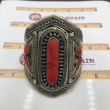 Load image into Gallery viewer, Coral Stone Ethnic Tribal Cuff Bracelet