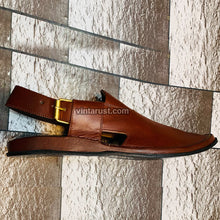 Load image into Gallery viewer, Dark Shiny Brown Leather Peshawari Chappal