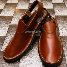 Load image into Gallery viewer, Dark Shiny Brown Leather Peshawari Chappal
