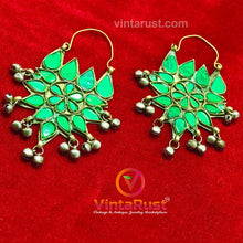 Load image into Gallery viewer, Ethnic Glass Stones Floral Earrings With Silver Bells