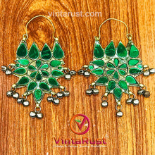 Load image into Gallery viewer, Ethnic Glass Stones Floral Earrings With Silver Bells