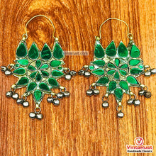 Load image into Gallery viewer, Ethnic Glass Stones Floral Earrings With Silver Bells